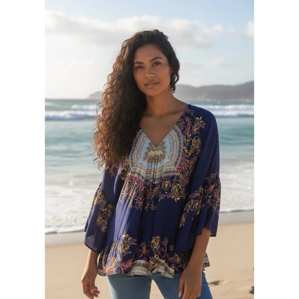 Free People Sunset Dreams Ruffle Top Size XS Peasant Tunic Boho Flowy Blouse